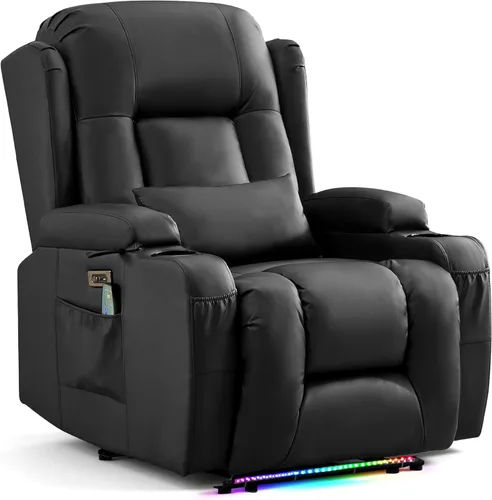 URRED Silla reclinable eléctrica con masaje y calor para adultos, sofá reclinable eléctrico para cine en casa con luz ambiental, puertos USB,