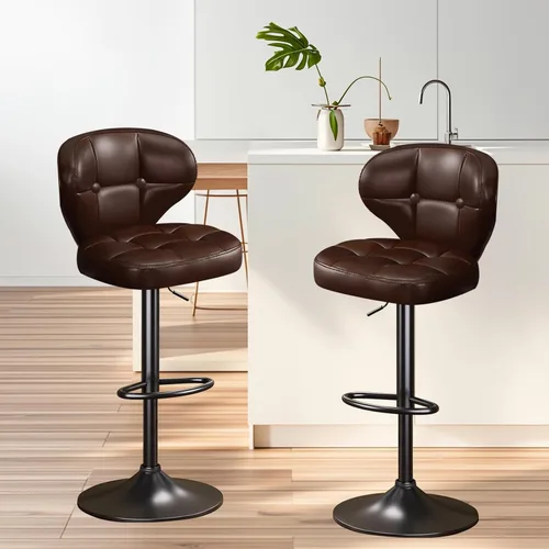 Miniatura 7 de Juego de 2 taburetes de bar, taburetes de bar giratorios ajustables, moderna silla de bar tapizada de piel sintética con respaldo y reposapiés
