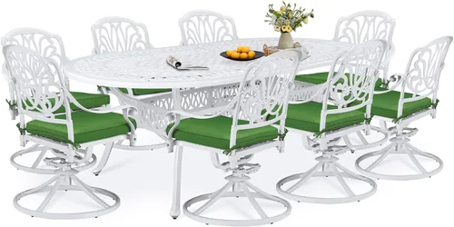 Miniatura 26 de Juego de comedor de patio de 9 piezas, mesa y sillas de patio al aire libre, mesa de comedor ovalada de aluminio fundido de 84 pulgadas con agujero
