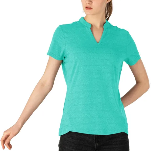 Miniatura 126 de Gopune Polo de golf con cuello en V para mujer, sin cuello, manga corta, ligera, de secado rápido, camisetas de tenis para correr