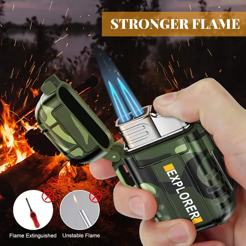 Miniatura 4 de SAMNIU Encendedor de antorcha, doble llama de chorro, impermeable, resistente al viento, encendedores de gas butano recargables para supervivencia