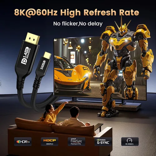 Miniatura 4 de XAOSUN Cable USB C a DisplayPort 1.4 bidireccional 8K @60Hz 4K @240Hz, 6.6FT/2M DP a USB C Thunderbolt 4, funda de aluminio trenzado de nailon