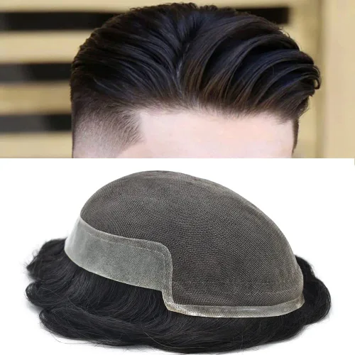 Miniatura 19 de Toupee para hombre, encaje suizo frontal, nudos blanqueados, línea capilar natural, sistemas de reemplazo de cabello humano tipo tupé, piezas hechas