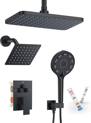 Miniatura 13 de KOJOX Sistema de Ducha de Baño de Lujo de 12 Pulgadas Cabezal de Ducha de Lluvia con Ducha de Mano Mezcladora Juego Combinado de Ducha Montado