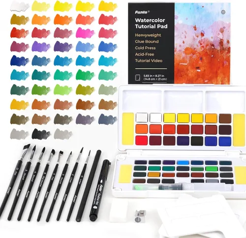 Funto Juego de pintura de acuarela, 48 colores, bloc de tutorial, 8 pinceles, pincel de agua y más, juego de pintura para adultos, principiantes,