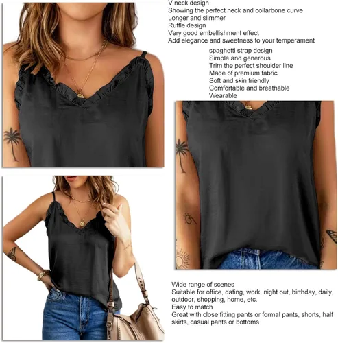 Miniatura 3 de Camiseta sin mangas de verano con tirantes delgados y ribete de encaje, con cuello en V y dobladillo suelto para citas diarias