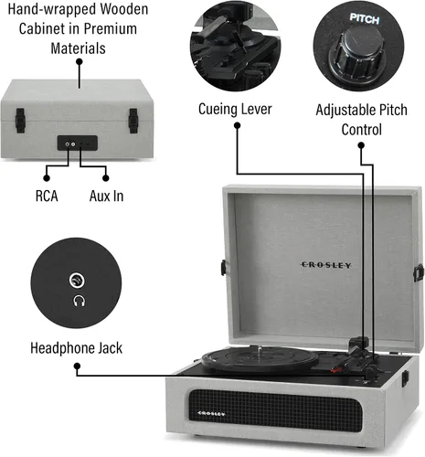 Miniatura 3 de Crosley CR8017B-GY Voyager - Tocadiscos portátil vintage de vinilo con Bluetooth de entrada/salida y altavoces integrados, gris