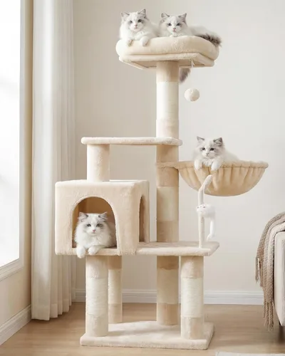 Miniatura 23 de Heybly Poste rascador para gatos, torre de árbol pequeño para gatos con 3 postes de sisal completos, cama de felpa extraíble, cepillo de aseo