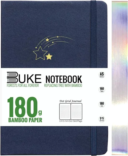 Miniatura 13 de BUKE Cuaderno de cuadrícula de puntos, papel blanco de bambú de 6.35 oz/m², 5 puntos de 0.197 x 0.197 in, 160 páginas, encuadernación plana, bordes