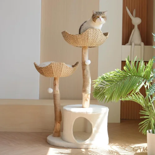 Natural Modern - Torre de árbol para gatos, condominio de madera para gatos con bola colgante, cestas acogedoras, postes rascadores, para gatos
