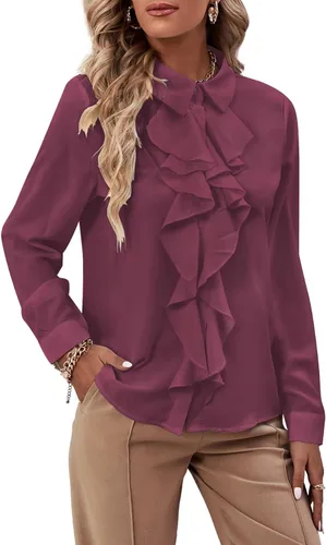 Miniatura 9 de LYANER - Blusa de manga larga con cuello de botón y volantes en la parte delantera para mujer
