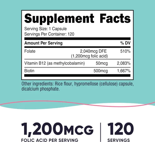 Miniatura 2 de Nutricost Ácido fólico para mujeres (vitamina B9) 1200 mcg, 120 cápsulas, con B12 y biotina, cápsulas vegetales, sin OMG y sin gluten