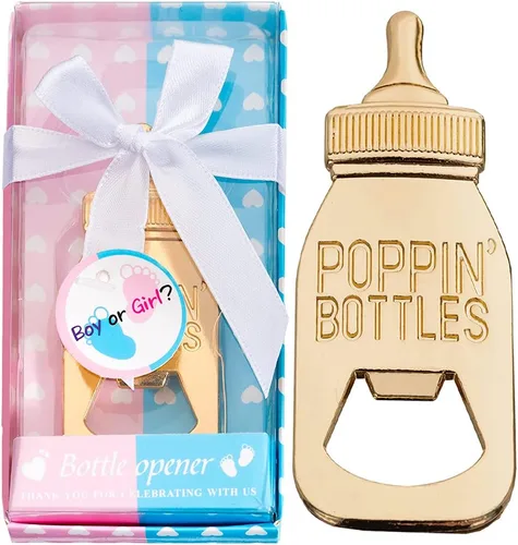 Paquete de 24 abridores de biberones para regalos de baby shower, regalos de fiesta de revelación de género para niños o niñas, abrebotellas con