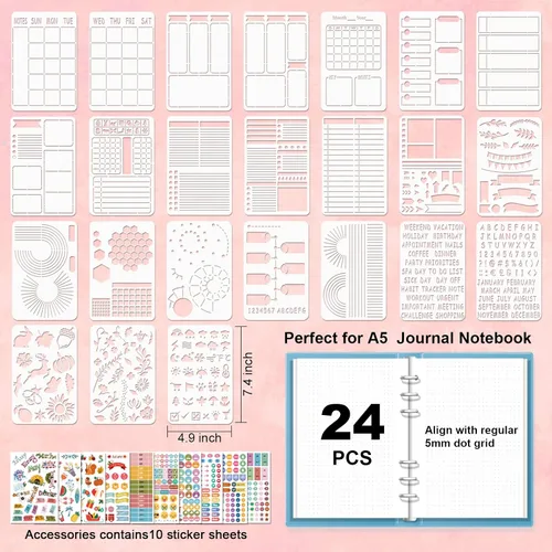 Miniatura 5 de Juego de plantillas para diarios de viñetas, kit de suministros/accesorios para diario de viñetas, incluye 24 plantillas de planificador punteado
