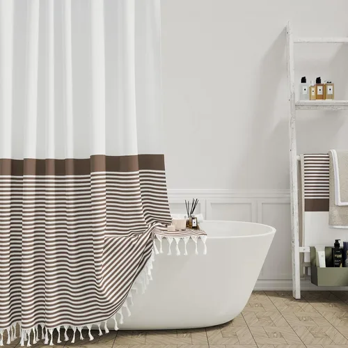Miniatura 12 de Cortina de ducha Dynamene de tela color beige, cortina de ducha rústica/bohemia a rayas con borlas para baño, juego de cortinas de tela texturizada
