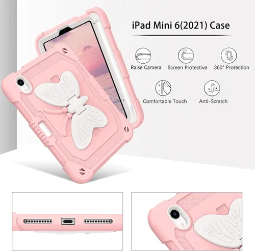Miniatura 3 de DUEDUE Funda para iPad mini 7 (A17 Pro) 2024, iPad mini 6 2021, alas de mariposa con soporte para lápiz, funda protectora a prueba de golpes