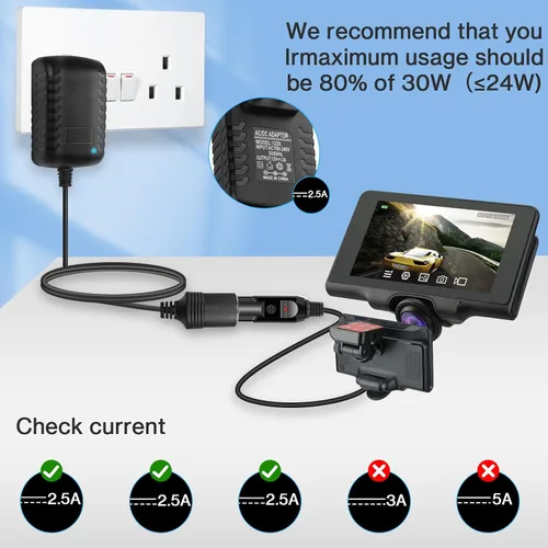 Miniatura 3 de Herfair Convertidor de CA a CC 2A 24W Adaptador de enchufe para encendedor de cigarrillos de automóvil, cable de alimentación 110-240V a 12V AC/DC