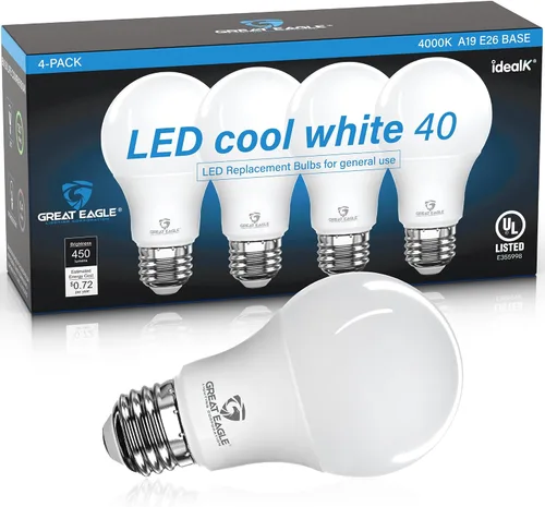Great Eagle - Bombillas LED A19 equivalentes a 40 W, certificación UL, bombillas blancas frías de 4000 K de 40 W, no regulables, 6 W, reemplazo