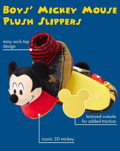 Miniatura 2 de Disney Boys' Mickey Mouse Slippers 3D Head Plush Sock Top Slippers (ToddlerBoy)