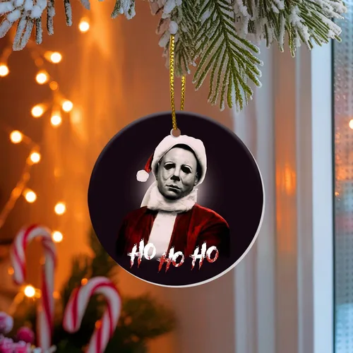 Miniatura 5 de Adornos Colgantes de Navidad Ho-Ho-Ho de 2 Lados Impresos 2025, Regalos de Terror de Navidad para Amantes de las Películas, Adorno de Cerámica