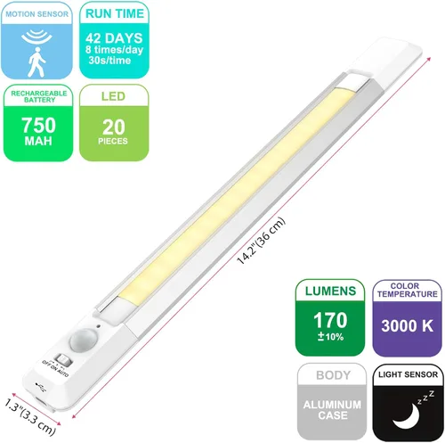 Miniatura 6 de BIGMONAT Luz nocturna LED con sensor de movimiento, luces inalámbricas recargables por USB para debajo del gabinete, barra de iluminación magnética