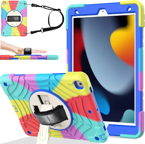 Miniatura 18 de BMOUO Funda para iPad de 9ª/8ª/7ª generación de 10.2", a prueba de golpes con soporte giratorio de 360°, correa de hombro y mano, funda para iPad