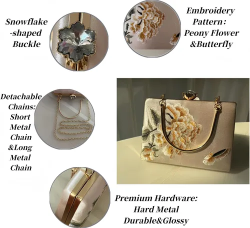 Miniatura 3 de Bolso bordado de seda para mujer, bolso de hombro rectangular, bolso cruzado para banquete de boda