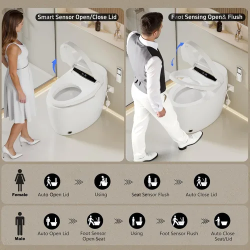 Miniatura 4 de LOUPUSUO Inodoro inteligente con rociador de agua caliente y secadora, inodoro de bidé de una pieza con funcionamiento automático de sensor de pie