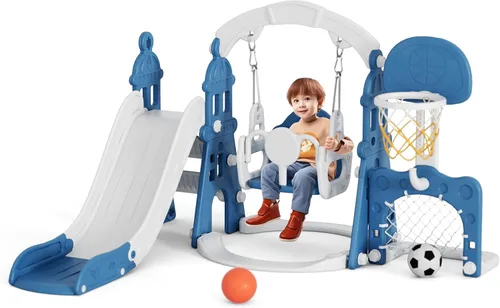 XJD - Juego de tobogán y columpio 6 en 1 para niños pequeños, tobogán para niños de 1 año en adelante, juego de exterior para niños pequeños con aro