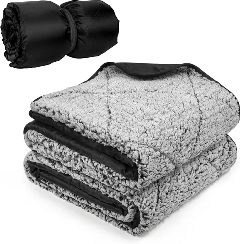 Miniatura 13 de Tirrinia Manta impermeable para exteriores con forro sherpa, resistente al viento, triple capa, cálida y cómoda, plegable para camping, estadio