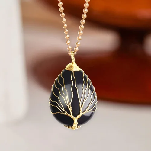 Miniatura 4 de Collar con colgante de lágrima envuelto en alambre dorado, collares de piedra de cristal curativa del árbol de la vida, joyas de piedras preciosas