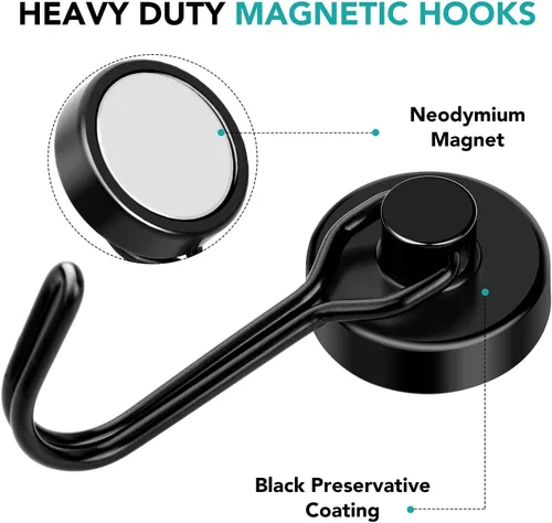 Miniatura 4 de DIYMAG - Ganchos magnéticos negros, imanes de 18 kg de alta resistencia, 2026, esenciales para cruceros, cabinas, con gancho de metal para colgar