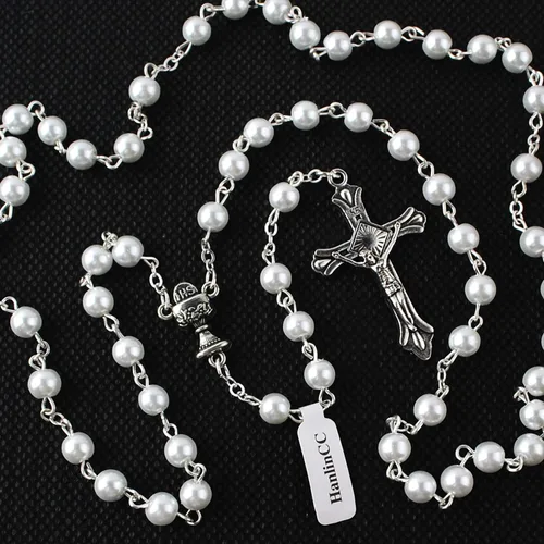 Miniatura 14 de HanlinCC - Rosario para primera comunión de 6 mm con centro de cáliz, perlas de cristal y crucifijo chapado en plata para niña, en caja de regalo