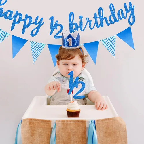 Miniatura 6 de Skylety Decoraciones de 1/2 de mitad de cumpleaños, traje de 6 meses, pancarta de bebé, decoración de cupcakes, bandera triangular, globos de Azul