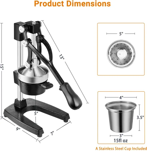 Miniatura 3 de TONGCHANT Exprimidor de Hierro Fundido Prensa Manual para Limón Granada Lima Frutas Cítricas con Taza de Acero Inoxidable, Prensa Exprimidora Manual