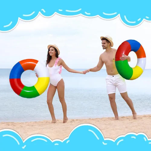 Miniatura 4 de 2 piezas de herramientas inflables de natación de 35 pulgadas, anillos de natación a rayas de arco iris, flotadores de playa, piscina, anillos