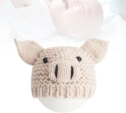 Miniatura 6 de Sombrero de punto para recién nacido, accesorios para fotografía de bebé, accesorios para fotos de cerdo de dibujos animados, color beige