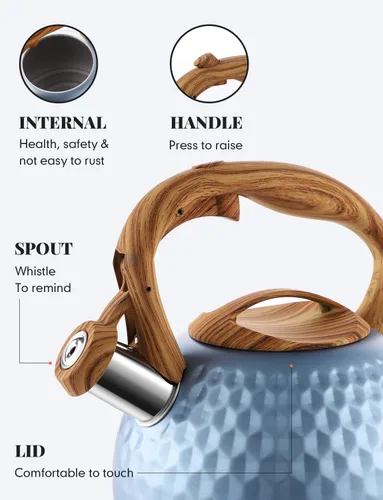 Miniatura 4 de BELANKO - Tetera de acero inoxidable de 2.7 cuartos de galón para estufa, de grado alimenticio con mango de patrón de madera, con silbido fuerte