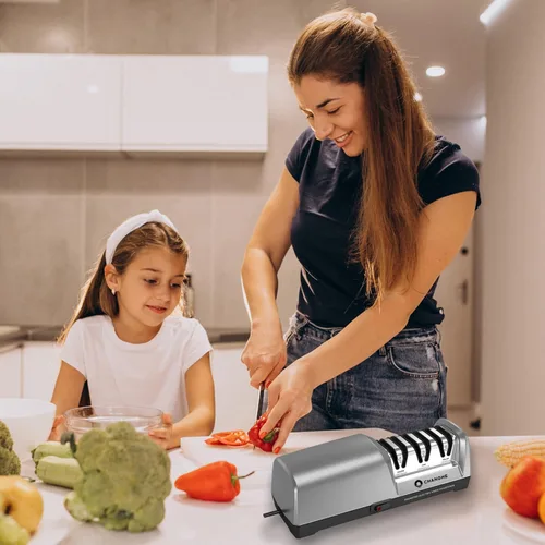 Miniatura 4 de Afilador de cuchillos eléctrico de 3 etapas, 100% abrasivos de diamante con guía de ángulo de precisión de 15°, para afilar y pulir cuchillos