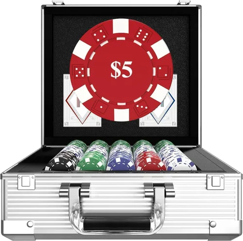 Miniatura 11 de HEITOK Juego de fichas de póquer con denominaciones, 300 piezas de 11.5g con números, fichas de casino con 2 barajas, 5 dados y estuche compacto