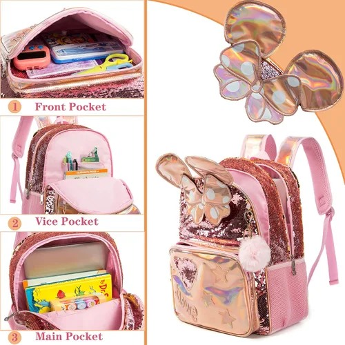 Miniatura 10 de Mochila para niñas de 16 pulgadas, mochilas para niñas para la escuela, mochila de lentejuelas con lonchera para estudiantes de primaria