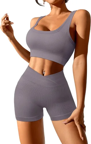 Miniatura 2 de JZC Conjuntos de entrenamiento para mujer, 2 piezas, acanalados, sin costuras, pantalones cortos de cintura alta, trajes de yoga