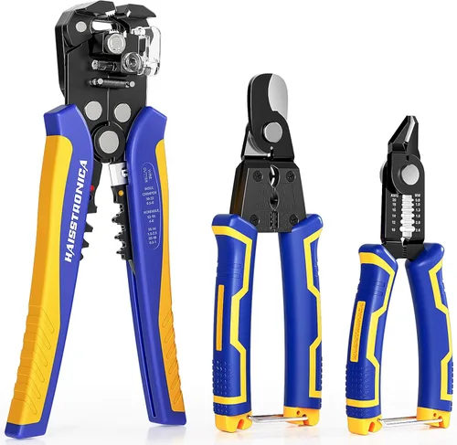 haisstronica Juego de herramientas pelacables para electricista profesional, 10-24AWG, paquete de 3 pelacables autoajustables y cortador de estaño y