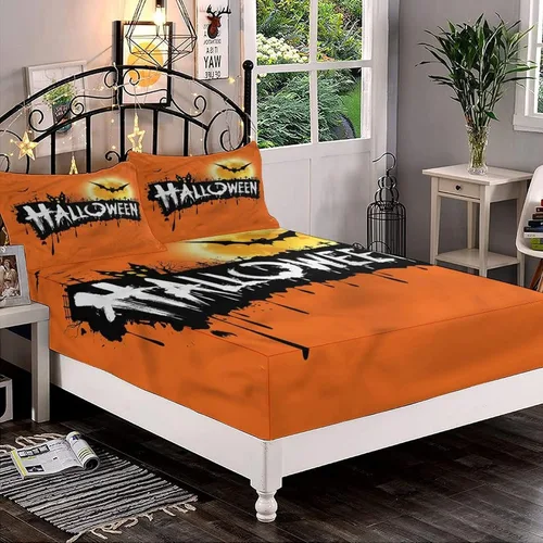 Miniatura 8 de Juego de sábanas bajeras decorativas tamaño Queen, sábanas bajeras de Halloween con bolsillos profundos y 2 fundas de almohada (sin sábana plana)