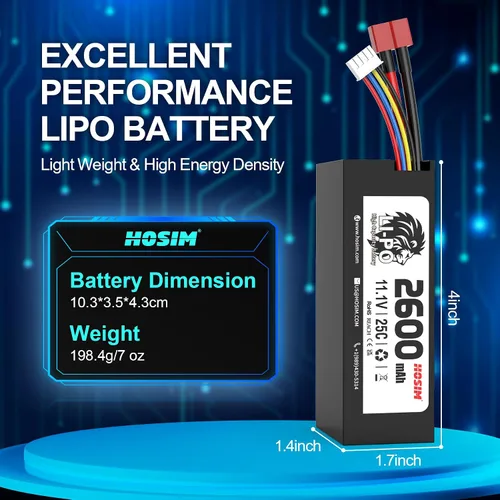 Miniatura 3 de Hosim Batería Lipo 3S 11.1V 2600mAh 25C RC Car Lipo Baterías Hard Case T-Plug Li-po Batería para 1/8 1/10 1/14 Escala de Alta Velocidad Vehículos RC
