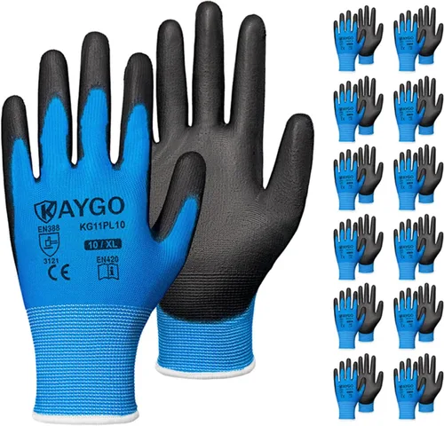 Miniatura 78 de KAYGO KG11PB - Guantes de seguridad con revestimiento delgado de poliuretano, tejido sin costuras, agarre suave en palma y dedos, para trabajo Verde