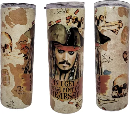 Taza personalizada Mega Pint of Hearsay Depp Jack Sparrow Skinny Tumbler Cup de 20 onzas con popote y tapa, taza portátil de viaje para café