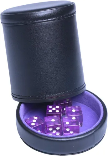 Miniatura 6 de Taza de dados de piel sintética con forro de terciopelo morado con tapa, incluye 6 dados translúcidos morados para mentirosos dados Farkle Yahtzee