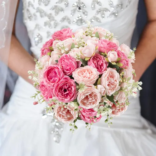Miniatura 3 de Flores de seda de peonía artificial, ramo de peonía falsa rosa 4 paquetes Arreglos florales decoración para casa de campo estilo boho centro de mesa
