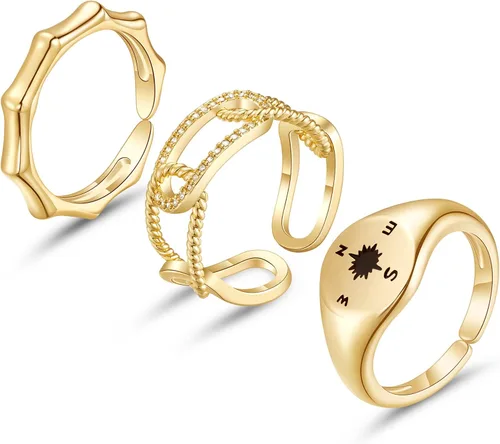 KissYan Juego de anillos de oro para mujer, chapados en oro de 14 quilates, apilables, abiertos, con sello trenzado, ajustable, delicado, joyería,